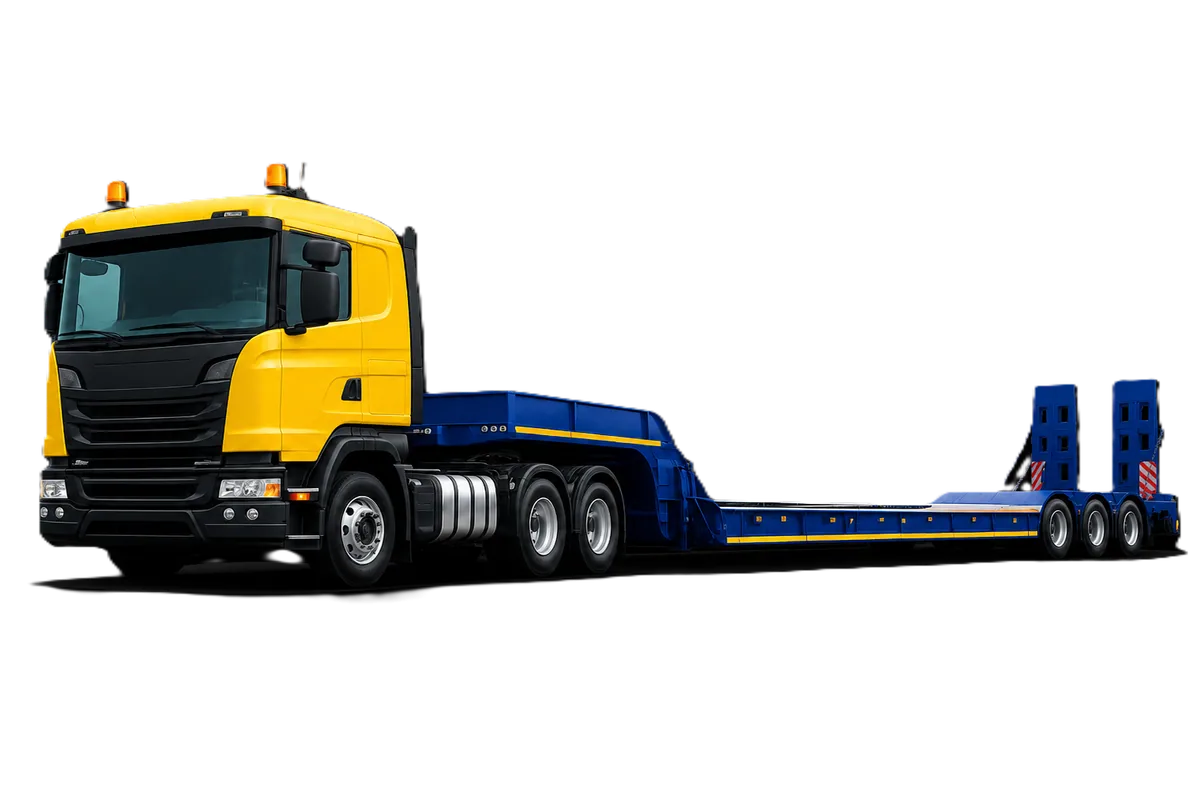 Low loader trailer for heavy machinery transport