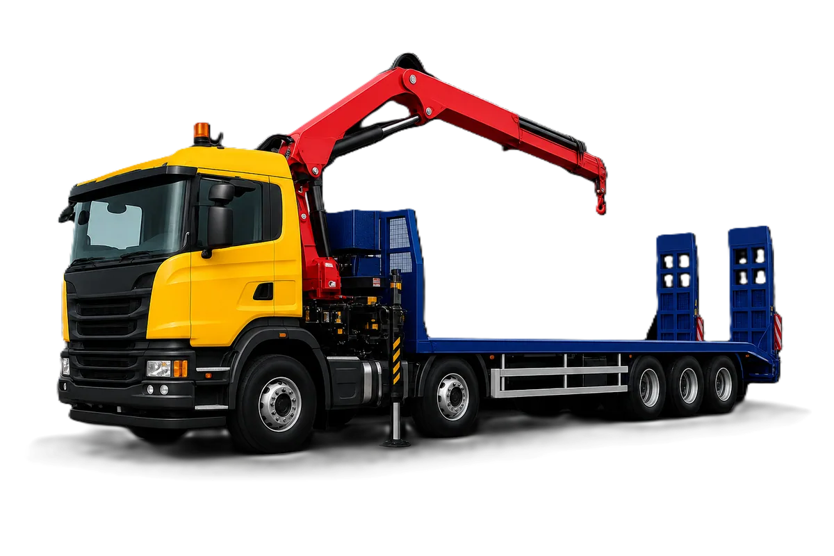 Self loader crane truck for machinery transport